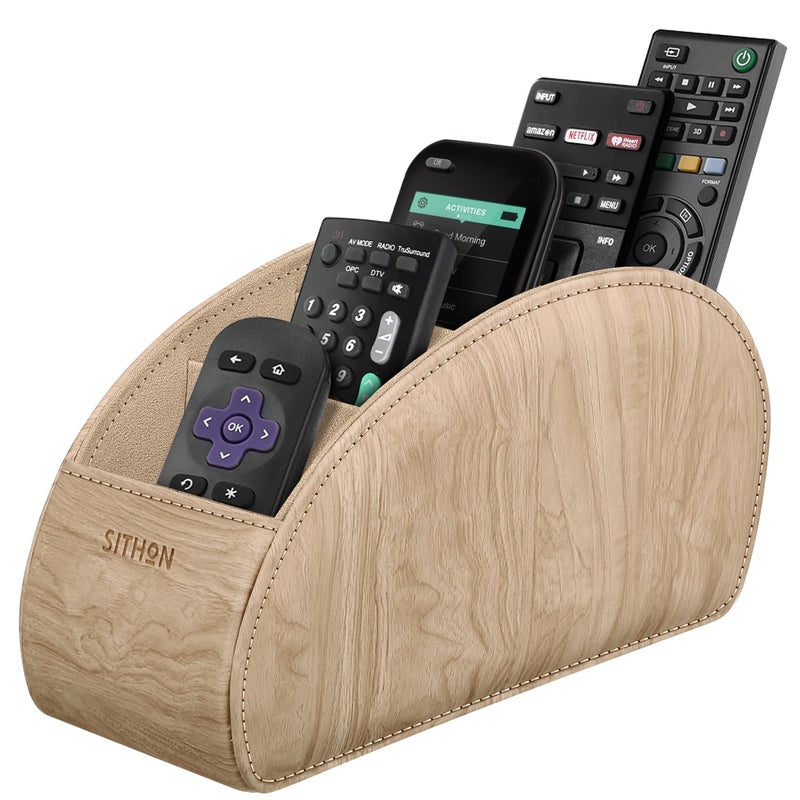 SITHON Remote Control Holder with 5 Compartments - PU Leather Remote Caddy Desktop Organizer Store TV, DVD, Blu-Ray, Media Player, Heater Controllers, Woodgrain Khaki - Image 1