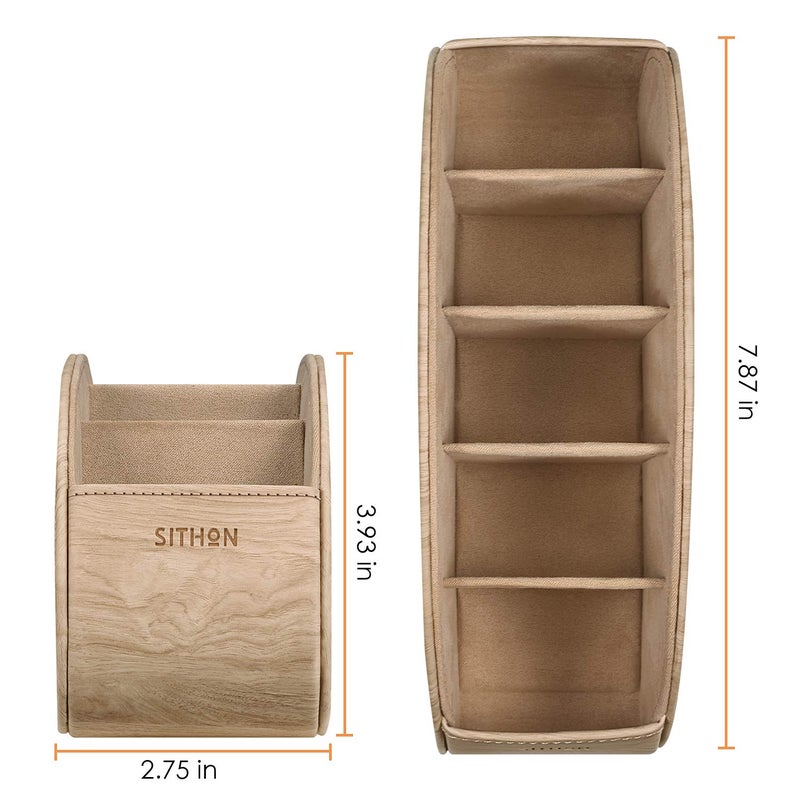 SITHON Remote Control Holder with 5 Compartments - PU Leather Remote Caddy Desktop Organizer Store TV, DVD, Blu-Ray, Media Player, Heater Controllers, Woodgrain Khaki - Image 3