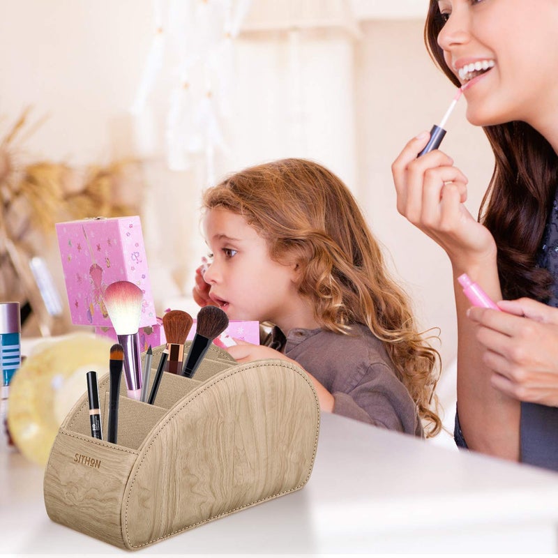 SITHON Remote Control Holder with 5 Compartments - PU Leather Remote Caddy Desktop Organizer Store TV, DVD, Blu-Ray, Media Player, Heater Controllers, Woodgrain Khaki - Image 5