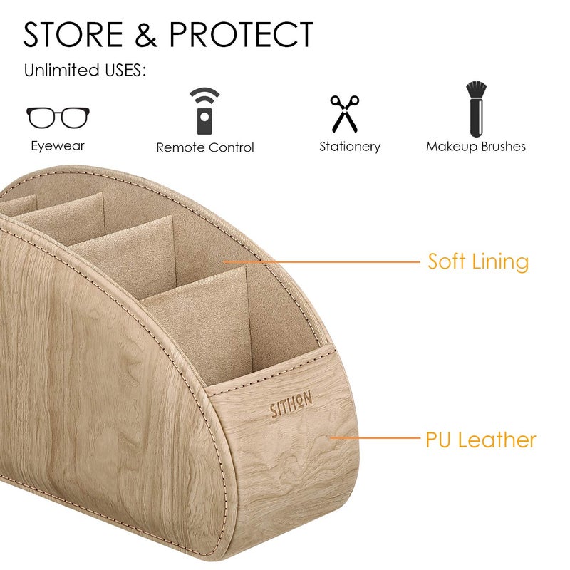 SITHON Remote Control Holder with 5 Compartments - PU Leather Remote Caddy Desktop Organizer Store TV, DVD, Blu-Ray, Media Player, Heater Controllers, Woodgrain Khaki - Image 2