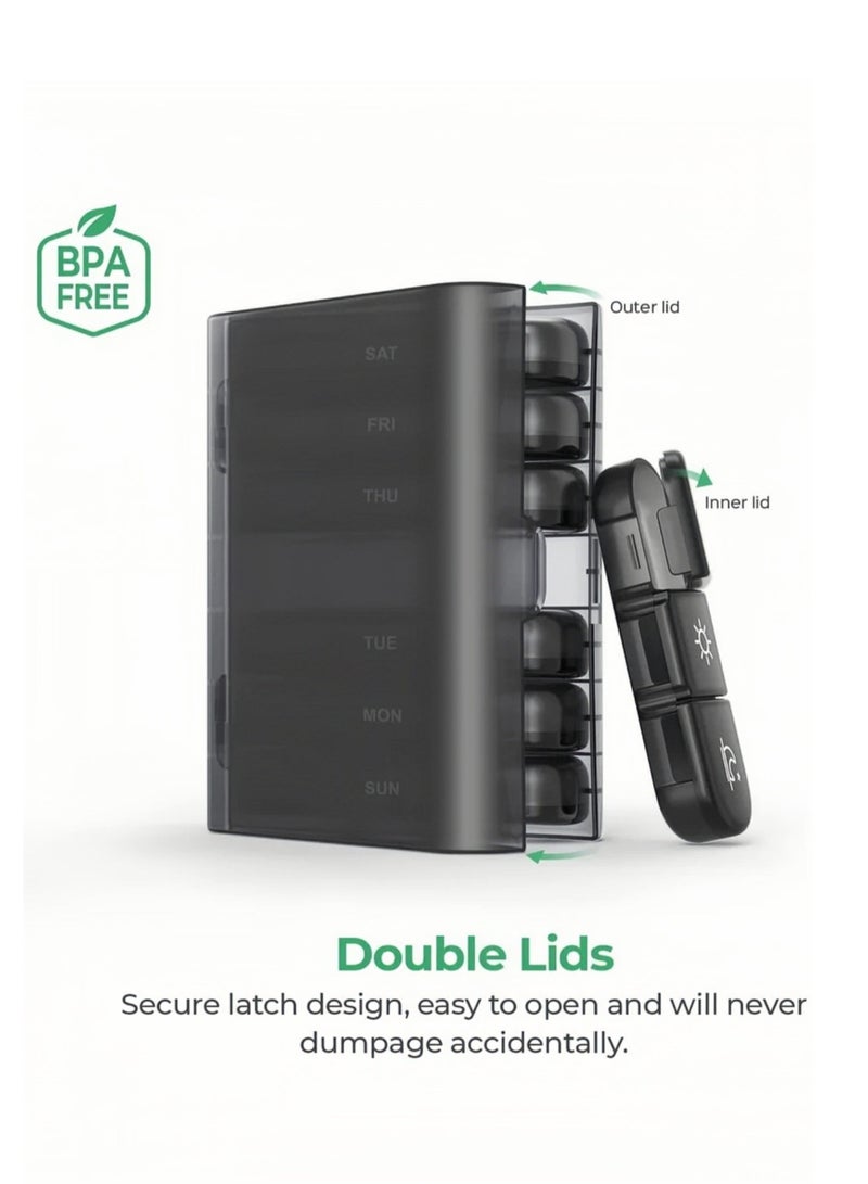 ايرس منظم حبوب أسبوعي - صندوق حبوب يكفي 7 أيام مع حجرات كبيرة لثلاث مرات يوميًا - حافظة حبوب سفر محمولة للفيتامينات والمكملات الغذائية والأدوية - حاوية حبوب متينة مقاومة للضوء - Image 3