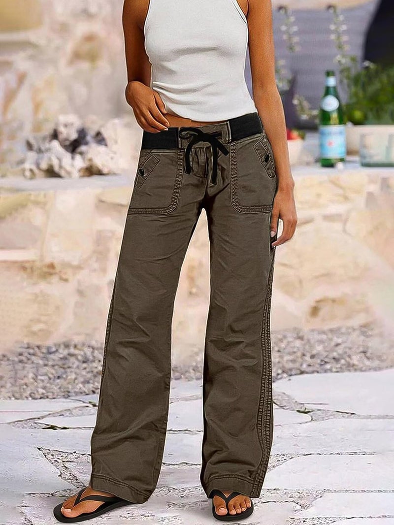 Flamingals Straight Leg Pants for Women Drawstring Waist Mid Rise Casual Solid Seam Detail Pants Chocolate S - Image 3