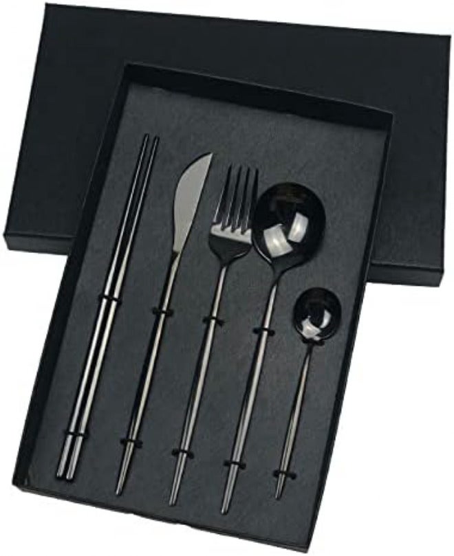 Silverware Set 10/20/30Piece Portuguese Cutlery Flat Handle Stainless Steel Knives, Forks, Spoons and Chopsticks(Black,6 Set) - Image 1