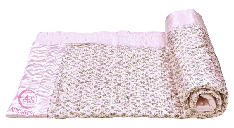 AUROSTYLE Rajasthani Cotton Filled Light Weight Silk Soft Jaipuri AC QuiltRazai Dohar Over All Floral Print Design with Gold Print Quilts Blankets for Home 85x100 Inch Double Bed - Image 5