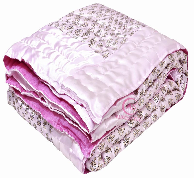 AUROSTYLE Rajasthani Cotton Filled Light Weight Silk Soft Jaipuri AC QuiltRazai Dohar Over All Floral Print Design with Gold Print Quilts Blankets for Home 85x100 Inch Double Bed - Image 1