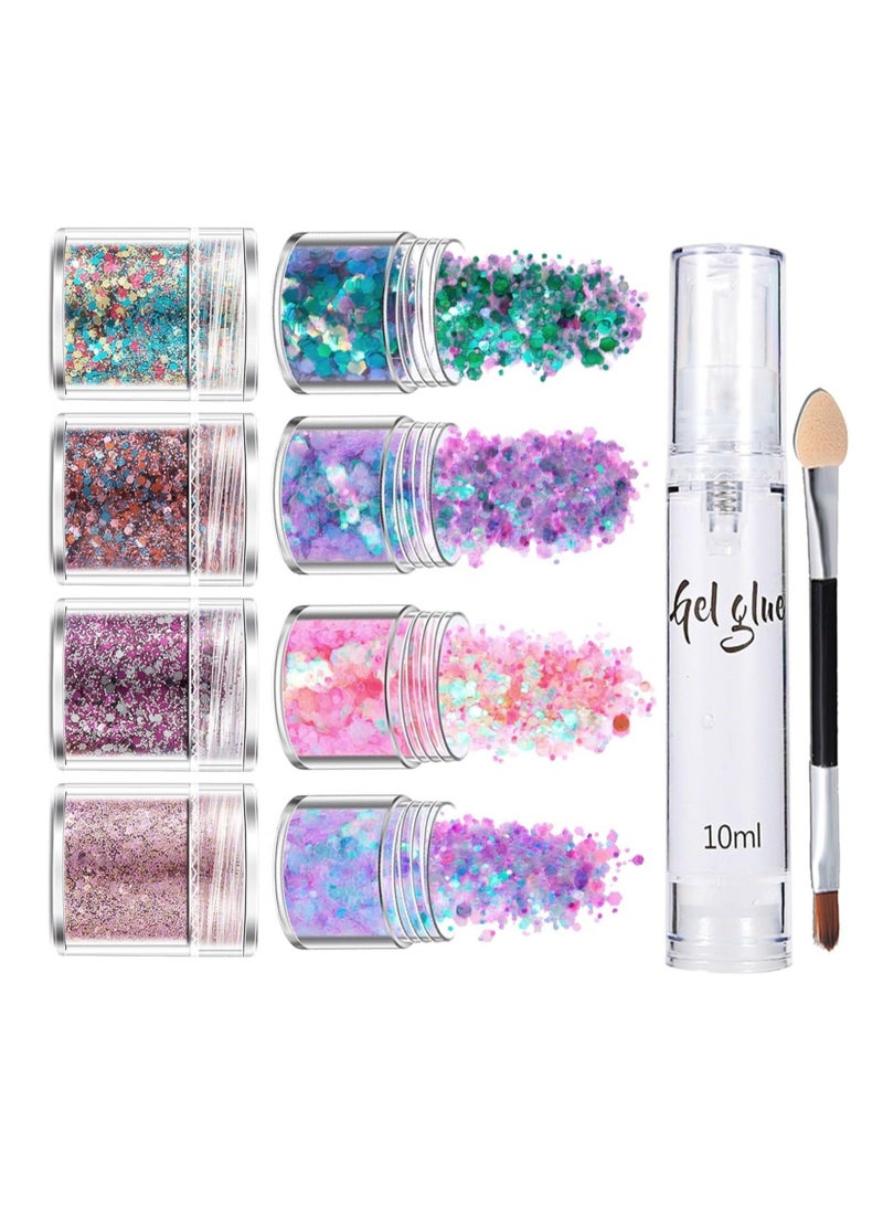 Captaintech Colorful 8-Pack Face Glitter with Glue for Festivals - Chunky Glitter Paint, Hair and Body Essentials, Party Decorations, Festival Accessories with Gems - Image 1