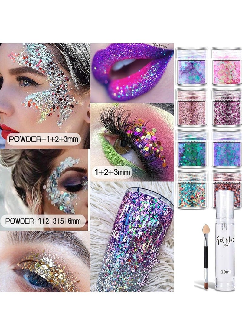 Captaintech Colorful 8-Pack Face Glitter with Glue for Festivals - Chunky Glitter Paint, Hair and Body Essentials, Party Decorations, Festival Accessories with Gems - Image 2