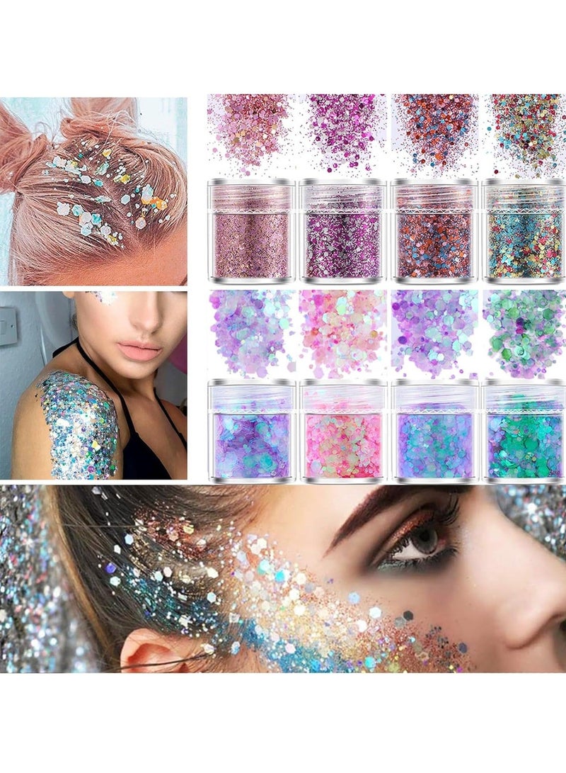 Captaintech Colorful 8-Pack Face Glitter with Glue for Festivals - Chunky Glitter Paint, Hair and Body Essentials, Party Decorations, Festival Accessories with Gems - Image 3