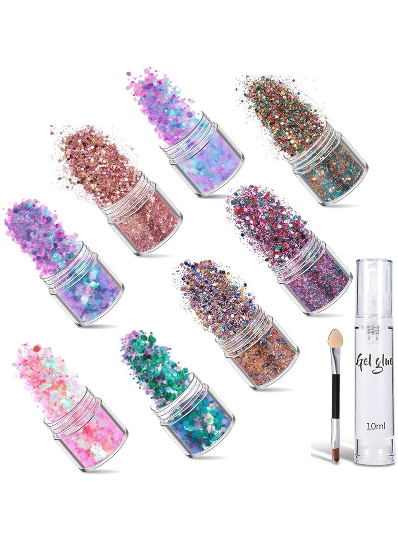 Captaintech Colorful 8-Pack Face Glitter with Glue for Festivals - Chunky Glitter Paint, Hair and Body Essentials, Party Decorations, Festival Accessories with Gems - Image 5