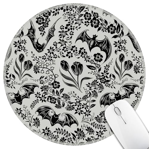 Hancynir Goth Bat Floral Mouse Pad for Desk, Gothic Small Cute Mousepad with Non-Slip Base, Round Mouse Pads for Wireless Mouse Laptop Gaming, Computer Mouse Mat for Office Decor Desk Accessories - Image 1