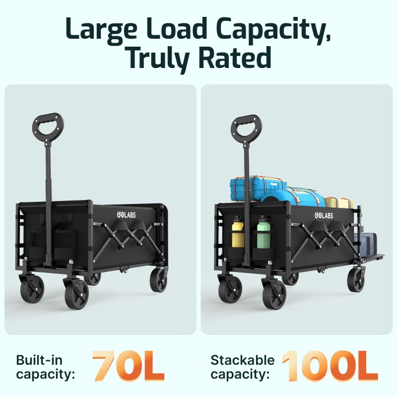 Golabs Collapsible Wagon Cart Max 350lb Load & Expandable Storage 100L, Double Bearing Design for Flexible Steering, Foldable Heavy Duty Garden Cart with 2 Cup Holders for Groceries, Garden & Camping - Image 4