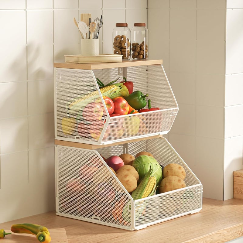 Litwaro Fruit Basket for Kitchen Wire Baskets with Wood Lid, Wall Mounted Produce Basket for Fruit and Vegetable, Stackable Countertop Onion and Potato Storage, 7.1"W & 11.1"W Kitchen Counter Organizer - Image 1