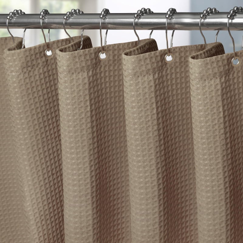 VANZAVANZU Waffle Weave Shower Curtain with Stainless Steel Hooks - 230 GSM Heavy Duty Fabric Bath Curtains, Hotel Luxury Quality, Water Resistant, Machine Washable, Weighted Hem, 72 x 72 Inches (Khaki) - Image 1