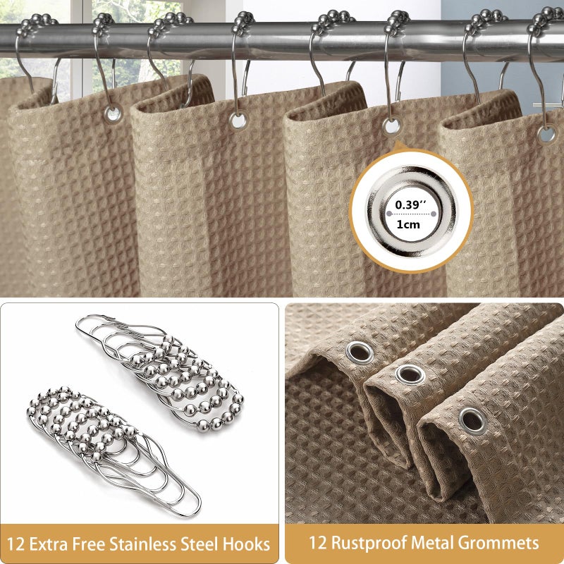 VANZAVANZU Waffle Weave Shower Curtain with Stainless Steel Hooks - 230 GSM Heavy Duty Fabric Bath Curtains, Hotel Luxury Quality, Water Resistant, Machine Washable, Weighted Hem, 72 x 72 Inches (Khaki) - Image 4