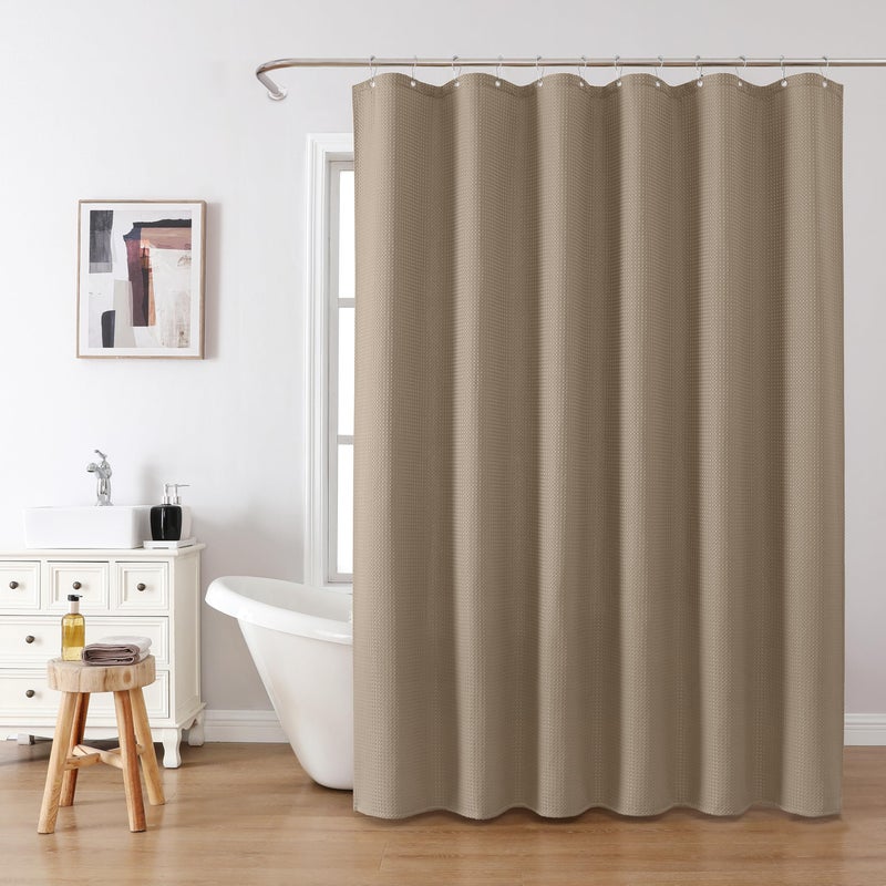 VANZAVANZU Waffle Weave Shower Curtain with Stainless Steel Hooks - 230 GSM Heavy Duty Fabric Bath Curtains, Hotel Luxury Quality, Water Resistant, Machine Washable, Weighted Hem, 72 x 72 Inches (Khaki) - Image 2
