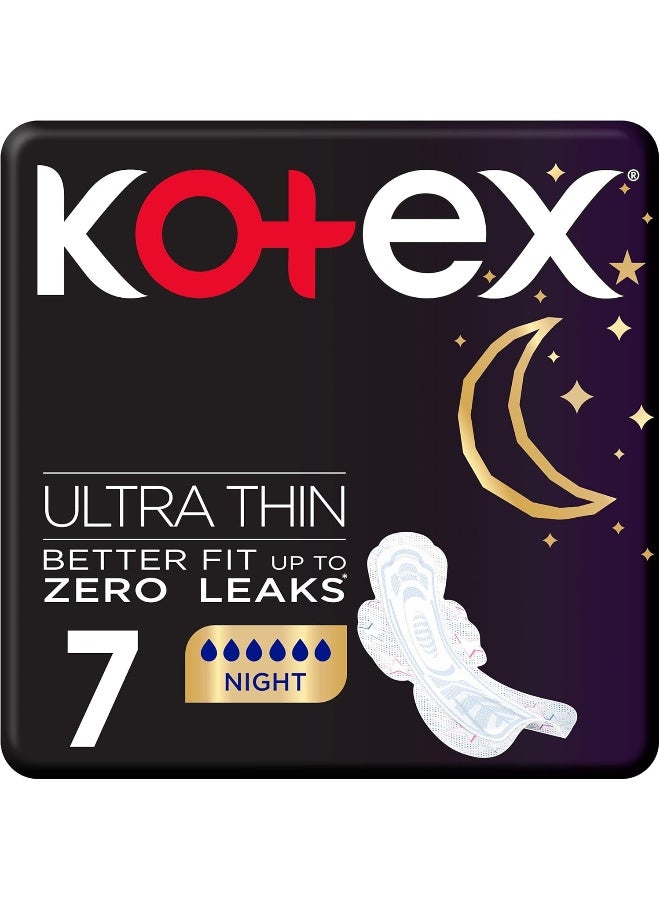 Kotex Ultra Thin Pads, Overnight Protection Sanitary Pads with Wings, 7 Sanitary Pads - Image 1