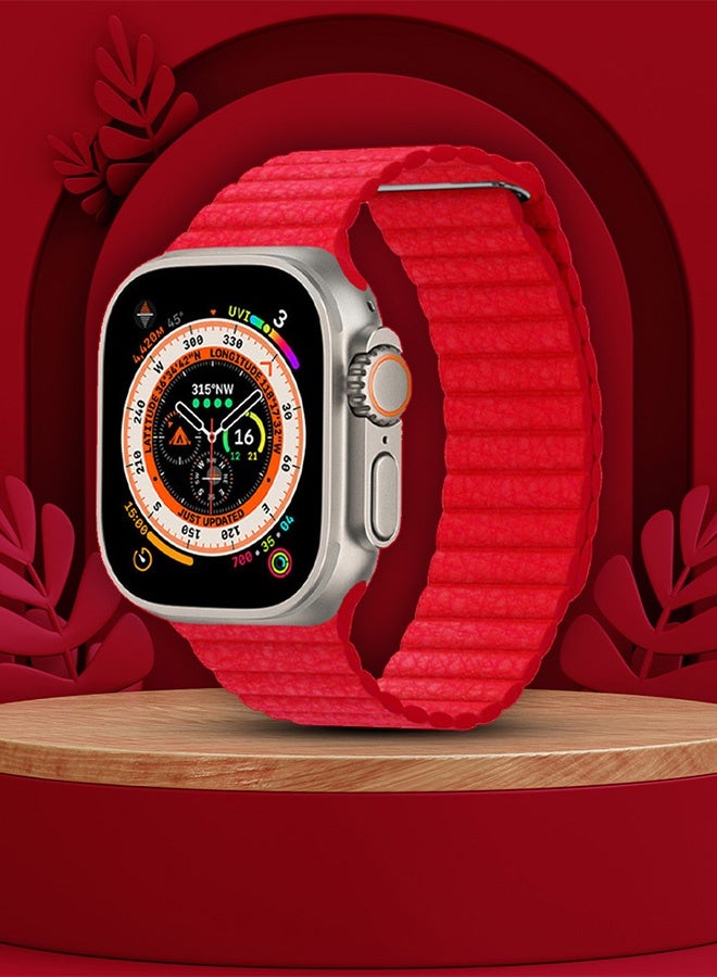 CATANES 49mm 46mm 45mm 44mm Leather Loop Band for Apple Watch Magnetic Watch Strap Wristband - Red - Image 3