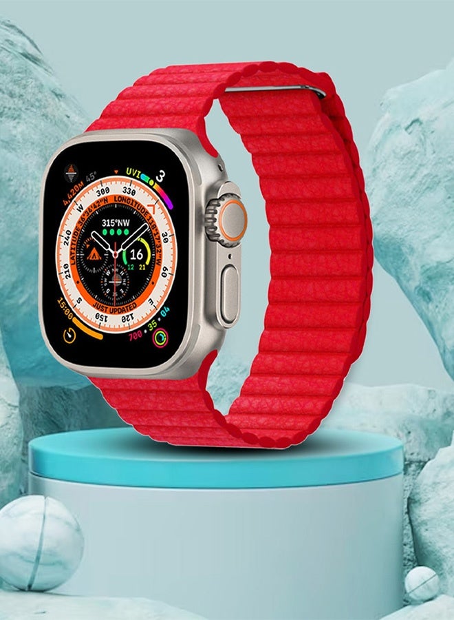 CATANES 49mm 46mm 45mm 44mm Leather Loop Band for Apple Watch Magnetic Watch Strap Wristband - Red - Image 4