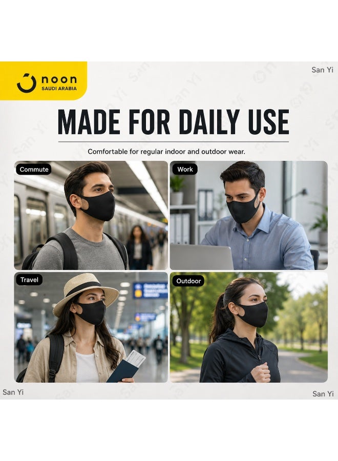 San Yi 3D PU Sponge Reusable Washable Face Mask for Adults Black 3 Pieces for Daily Use Outdoor Protection - Image 4
