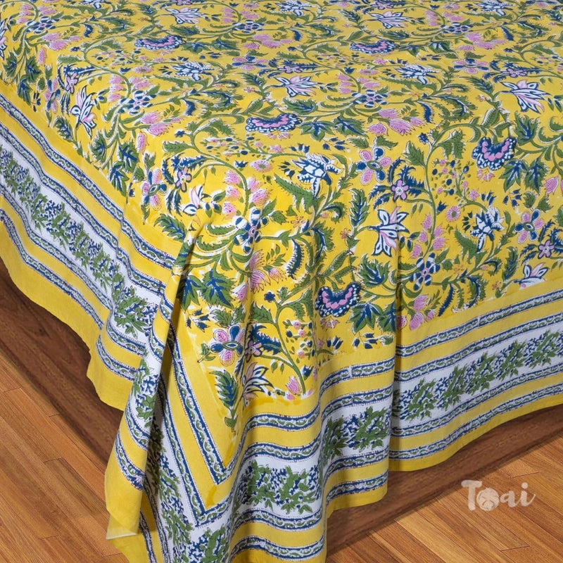 TOAI Hand Block Printed Bedsheet | Pure Cotton | Double Bed Queen Size 90"x108" | 210 TC Bedsheets |Includes 2 Pillow Covers (Yellow Garden) - Image 4