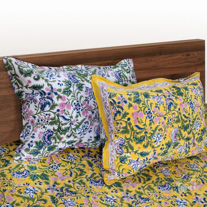 TOAI Hand Block Printed Bedsheet | Pure Cotton | Double Bed Queen Size 90"x108" | 210 TC Bedsheets |Includes 2 Pillow Covers (Yellow Garden) - Image 3