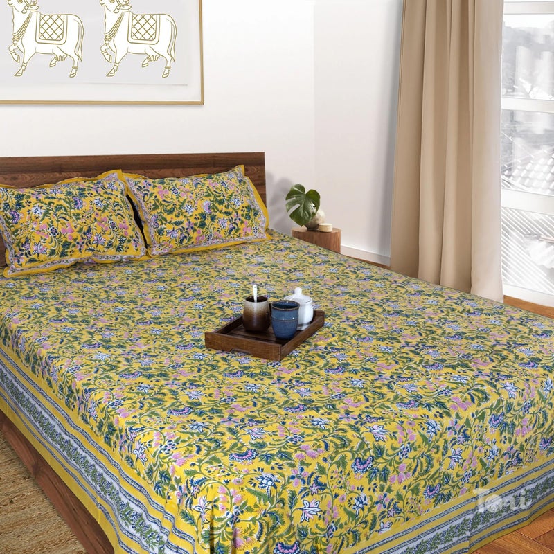 TOAI Hand Block Printed Bedsheet | Pure Cotton | Double Bed Queen Size 90"x108" | 210 TC Bedsheets |Includes 2 Pillow Covers (Yellow Garden) - Image 1