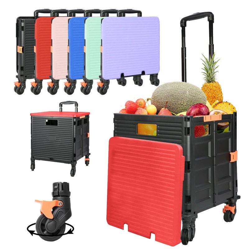 SELORSS SELORSS Foldable Utility Cart Rolling Crate Handcart 110lbs Large Capacity Shopping Cart with 360Rotate Noiseless Wheels  Telescoping Handle for Transports Groceries Office School UseRed 