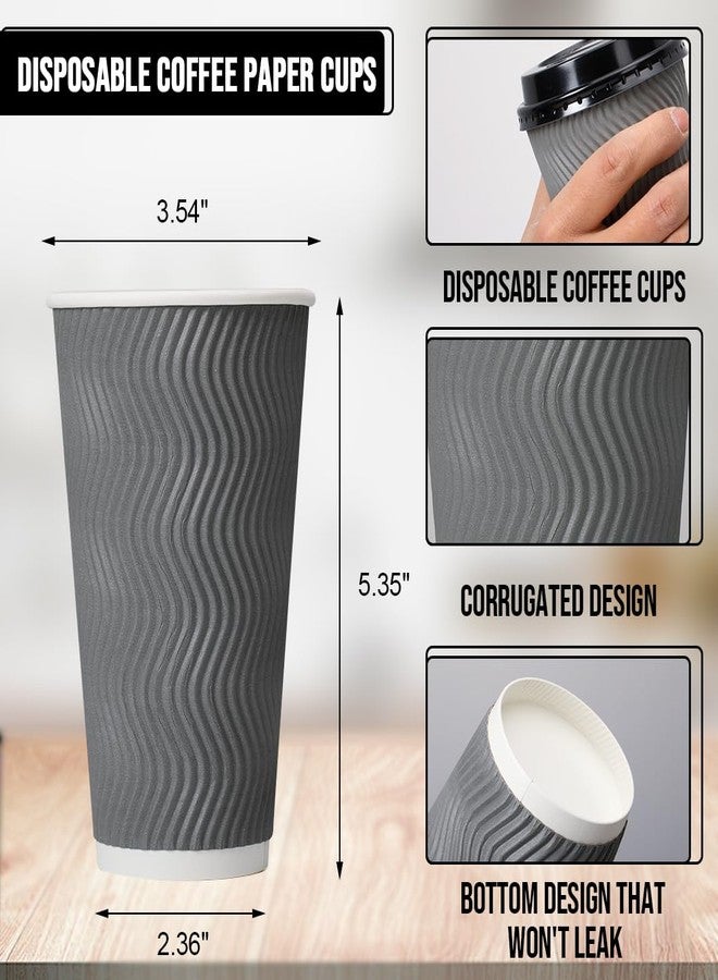 BYSNOW 100 Pack 16 oz Coffee Cups with Lids, Disposable Insulated Hot Cups To Go Paper Coffee Cups, Corrugated Ripple Wall Cup for Hot Drink, Office, Coffee Bar (Grey 16 oz) - Image 2