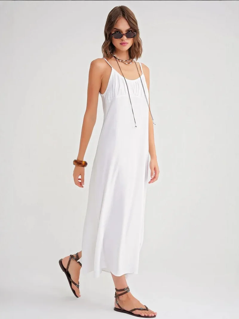 Mixray White Mixray Strappy Maxi Dress with Gathered Detail for Women | Best Price UAE