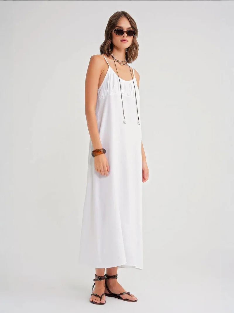 Mixray White Mixray Strappy Maxi Dress with Gathered Detail for Women | Best Price UAE