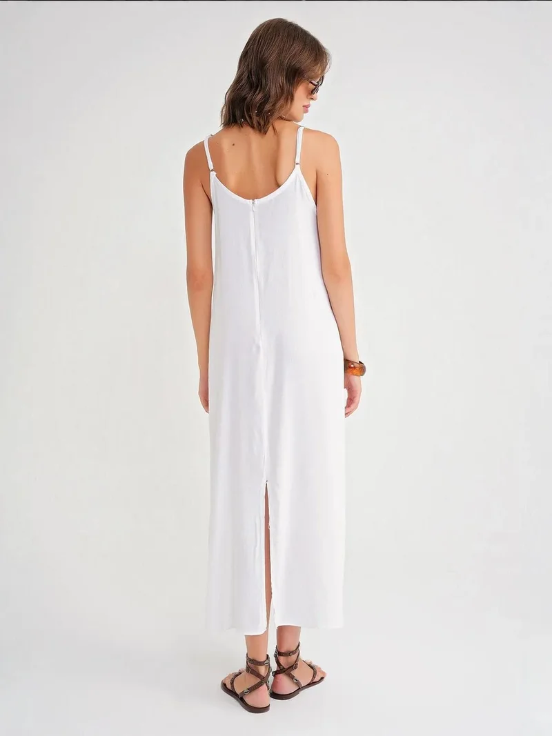 Mixray White Mixray Strappy Maxi Dress with Gathered Detail for Women | Best Price UAE