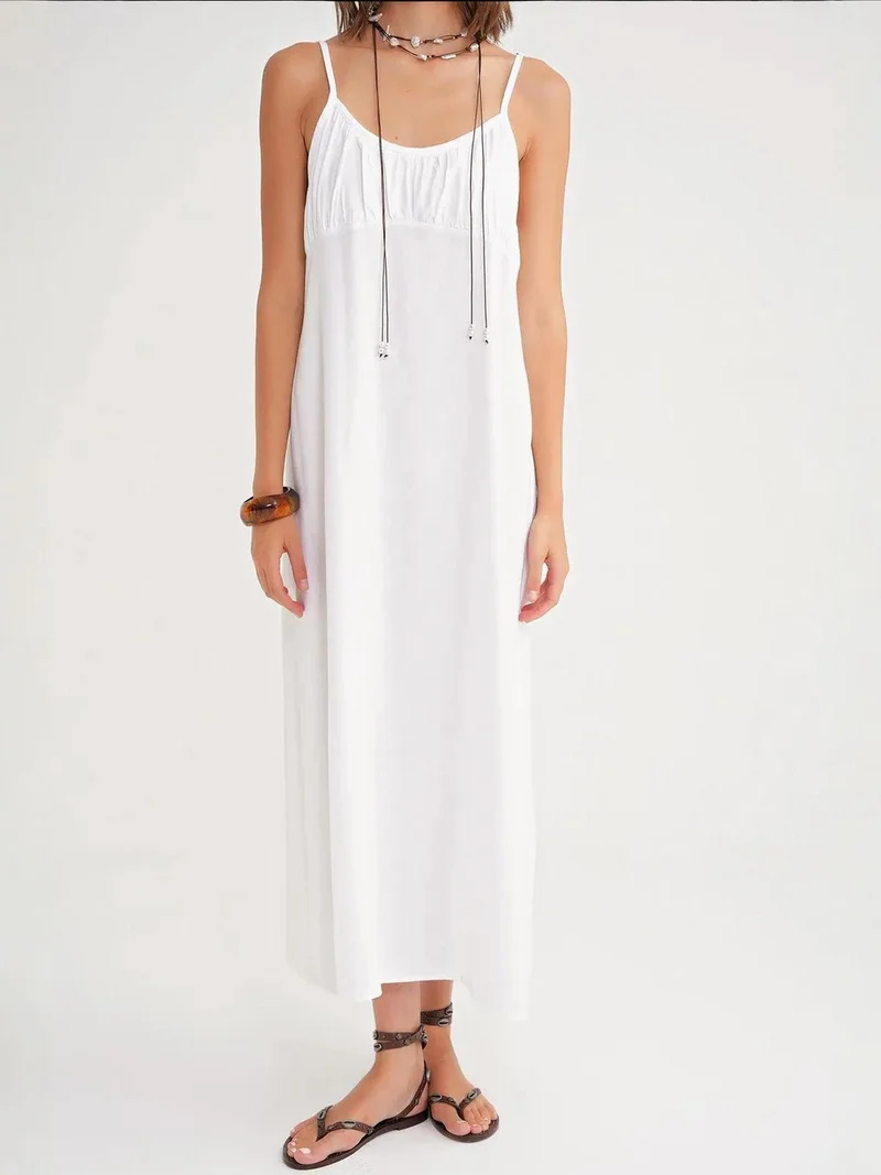 Mixray White Mixray Strappy Maxi Dress with Gathered Detail for Women | Best Price UAE