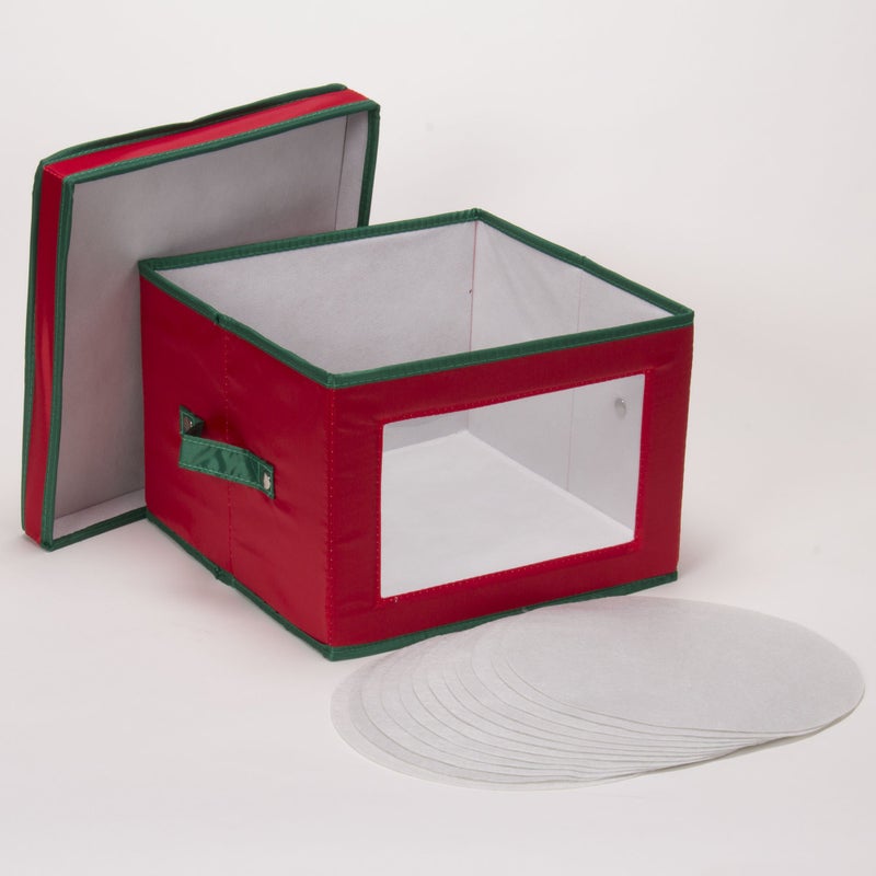 Household Essentials 536Red Holiday China Storage Chest With Lid And Handles | Dinner Plate | Red Canvas With Green Trim - Image 2