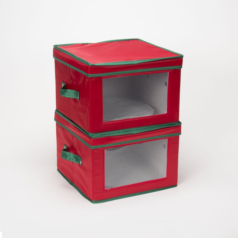 Household Essentials 536Red Holiday China Storage Chest With Lid And Handles | Dinner Plate | Red Canvas With Green Trim - Image 3