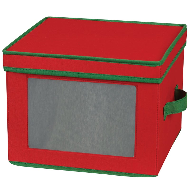 Household Essentials 536Red Holiday China Storage Chest With Lid And Handles | Dinner Plate | Red Canvas With Green Trim - Image 1