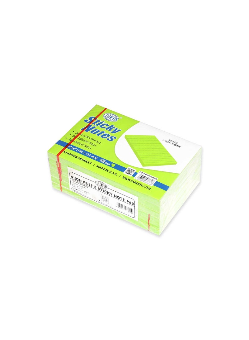 FIS Sticky Note Pad, 4X6 inches, Pack of 6, Ruled Neon Green -FSPO4X6RNGR - Image 2