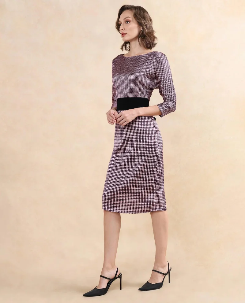 Rareism Women's Houndstooth Printed Fitted Dress