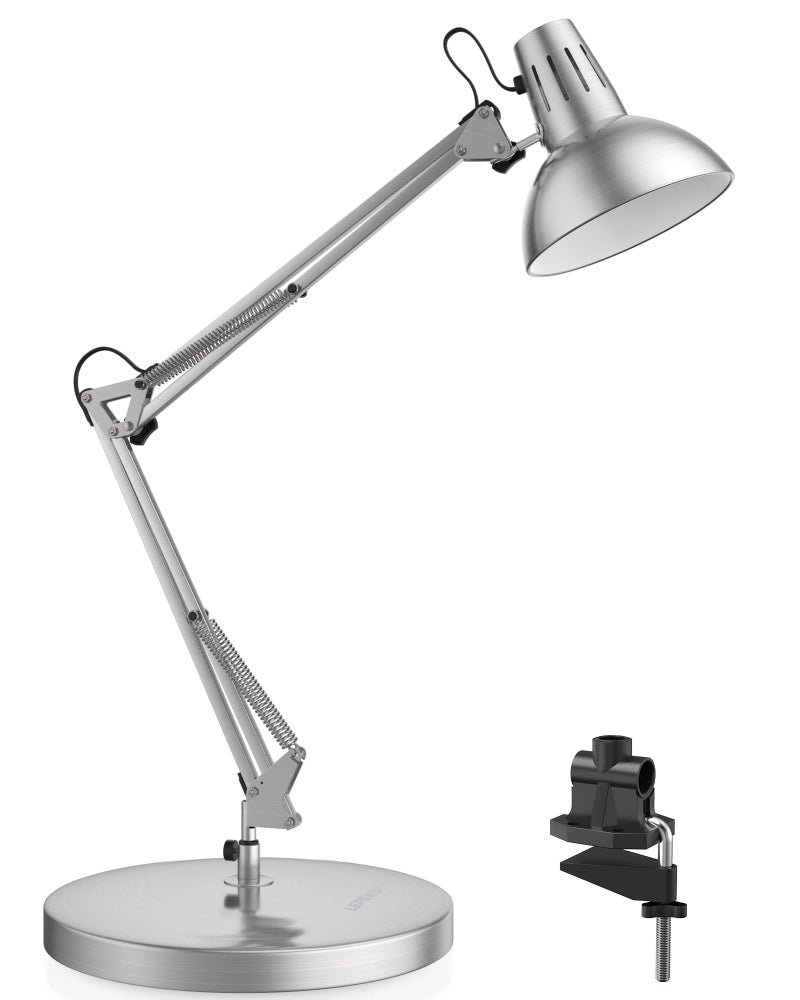 LEPOWER Metal Desk Lamp, Adjustable Goose Neck Architect Table Lamp with On/Off Switch, Swing Arm Desk Lamp with Clamp, Eye-Caring Reading Lamp for Bedroom, Study Room &Office (Silver) - Image 1