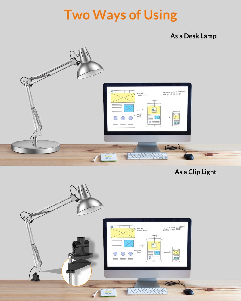 LEPOWER Metal Desk Lamp, Adjustable Goose Neck Architect Table Lamp with On/Off Switch, Swing Arm Desk Lamp with Clamp, Eye-Caring Reading Lamp for Bedroom, Study Room &Office (Silver) - Image 4