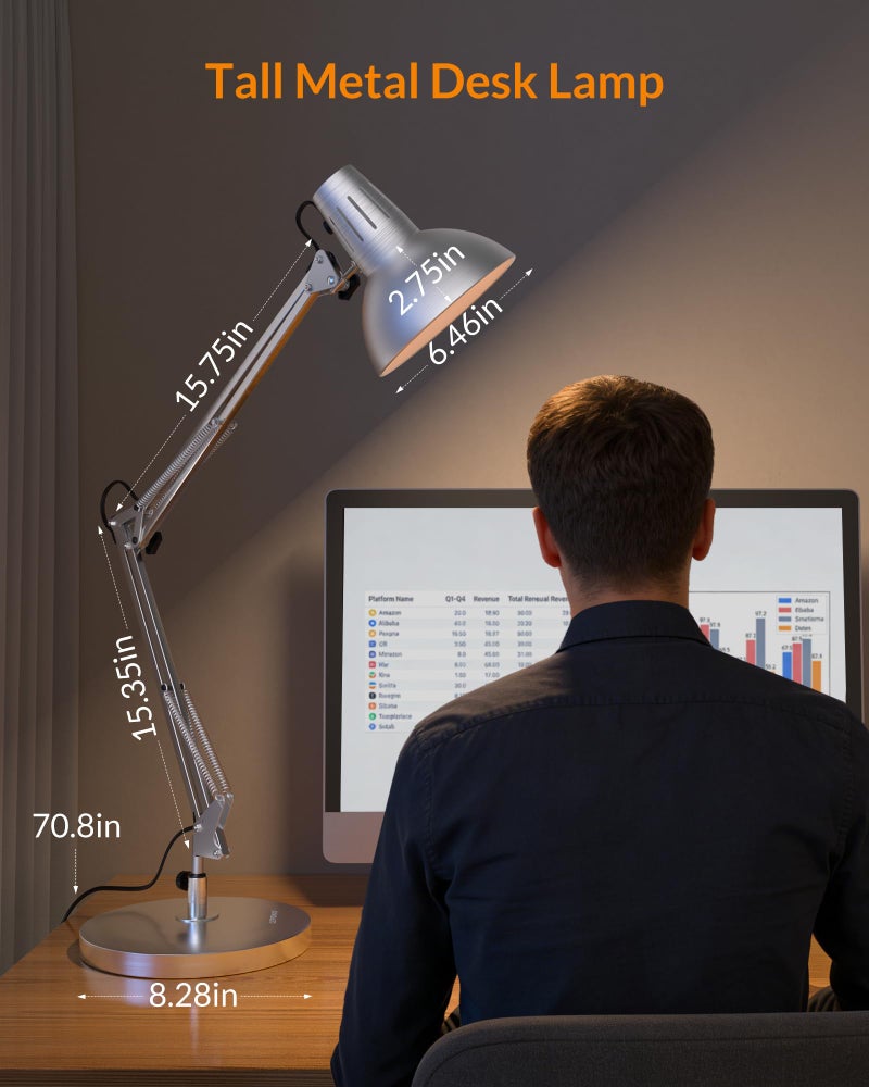 LEPOWER Metal Desk Lamp, Adjustable Goose Neck Architect Table Lamp with On/Off Switch, Swing Arm Desk Lamp with Clamp, Eye-Caring Reading Lamp for Bedroom, Study Room &Office (Silver) - Image 2