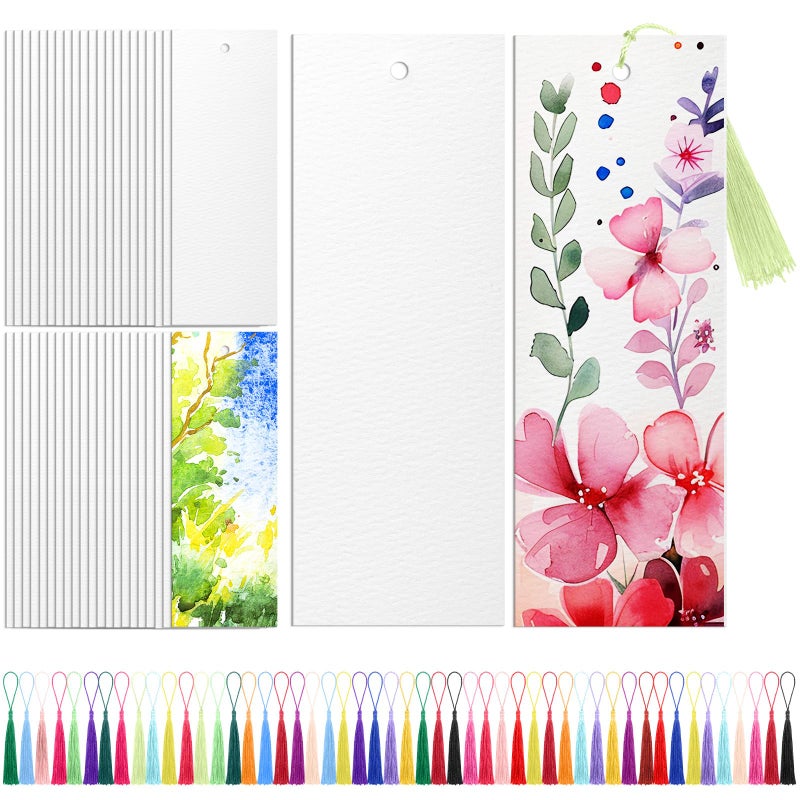 Skyygemm 100 Pcs Watercolor Paper Blank Bookmarks with Colorful Tassels DIY Book Marks Kit Cotton Watercolor Paper Bookmarks with Hole Bookmark Pad for DIY Classroom and Gifts Tags 55 x 2 Inches - Image 2