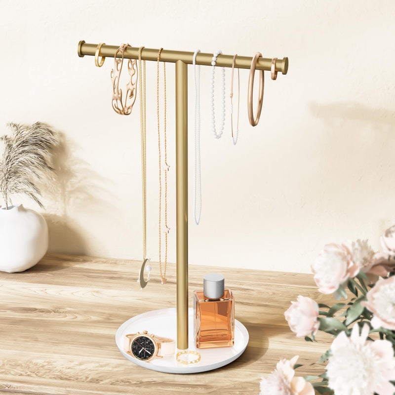 Jasopaco Gold Necklace Organizer Stand with Storage Tray - 12.6" Tall T-Shaped Jewelry Holder Stand for Bracelets, Earrings, Rings | Stylish Home & Vanity DÃ©cor for Women. - Image 1