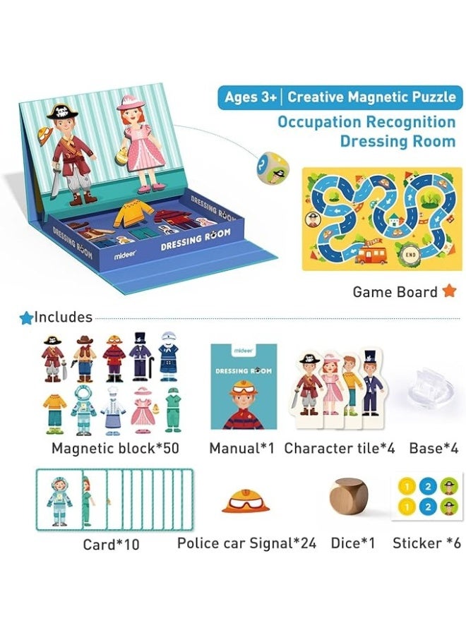 MiDeer مجموعة ميدير المغناطيسية لتزيين الملابس للأطفال – غرفة ملابس 2 في 1 لعبة لغز مغناطيسية مع 50 مغناطيس ملابس وبطاقات شخصيات، لعبة تعليمية تخيلية للسفر للأولاد والبنات من عمر 3 سنوات فما فوق - Image 2