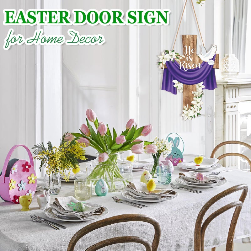 Hinsly He is Risen Easter Decoration Wood Door Wall Signs, Wooden Wreaths Front Door Sign Cross Sign Christian Jesus Lily Flowers Ornaments Hanging Crafts for Spring Home Farmhouse Party Porch Wall Decor - Image 4