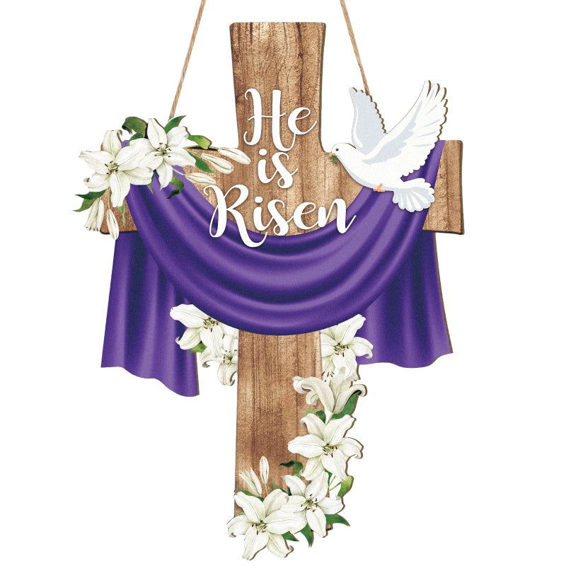 Hinsly He is Risen Easter Decoration Wood Door Wall Signs, Wooden Wreaths Front Door Sign Cross Sign Christian Jesus Lily Flowers Ornaments Hanging Crafts for Spring Home Farmhouse Party Porch Wall Decor - Image 1