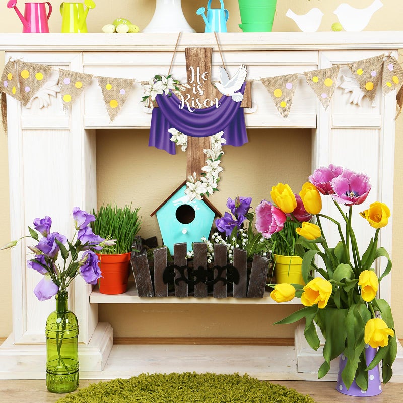 Hinsly He is Risen Easter Decoration Wood Door Wall Signs, Wooden Wreaths Front Door Sign Cross Sign Christian Jesus Lily Flowers Ornaments Hanging Crafts for Spring Home Farmhouse Party Porch Wall Decor - Image 2