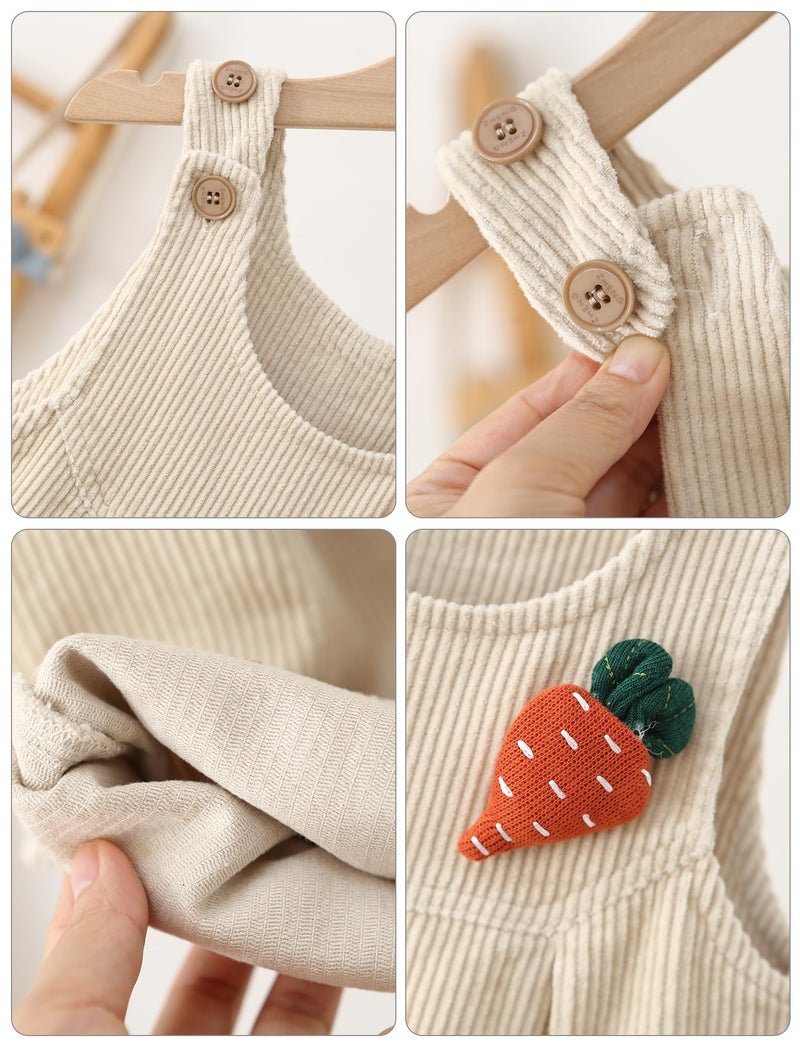 Happy Cherry Baby Corduroy Bib Pants Fall Spring Printed Overalls Warm One Piece Suspender Jumpsuit Cotton Button Sleeveless Romper White 18 Months - Image 4