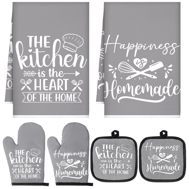 Sratte 6 Pcs Kitchen Decor Accessories Set Farmhouse Towels Pot Holders Oven Mitts Set 2 Dish Towels 2 Potholders 2 Cooking Mittens Oven Glove for Baking Cooking SupplyGrayKitchen