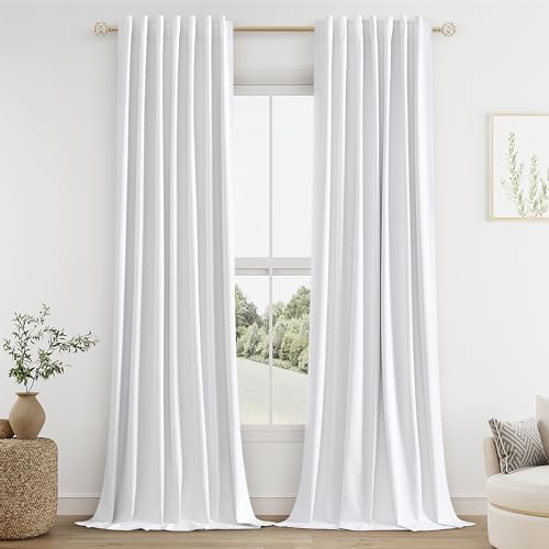 Guken White Linen Blackout Curtains 84 Inch Length 2 Panels Set for Living Room Bedroom Back Tab Thermal Insulated 100% Black Out Drapes Room Darkening 84 Inches Long Pure White - Image 1