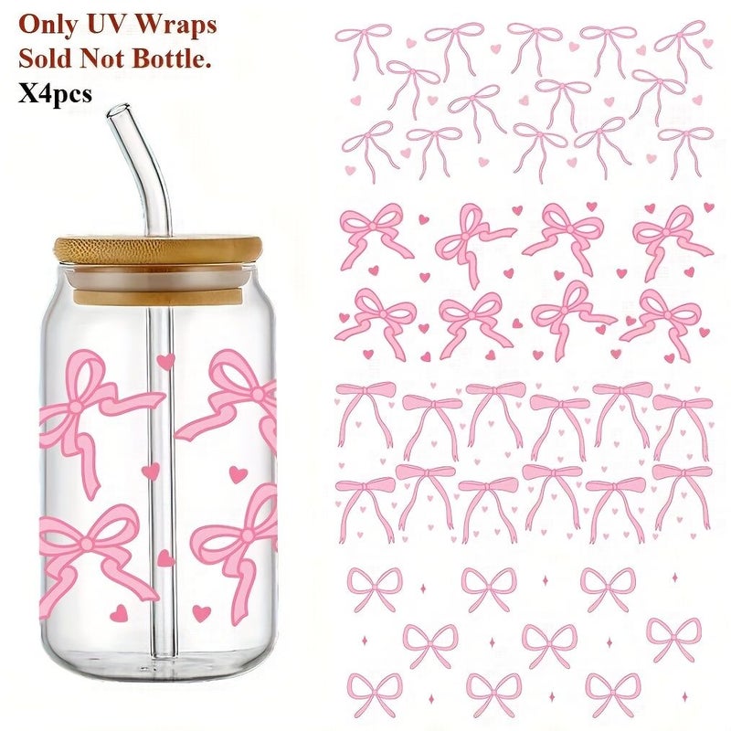 4pcs Pink Bow Ribbon Design Dtf Transfer Waterproof Scratch Resistant High Quality Art Crystal Labels For 16 Ounce Glass Cups And Mugs - Image 4